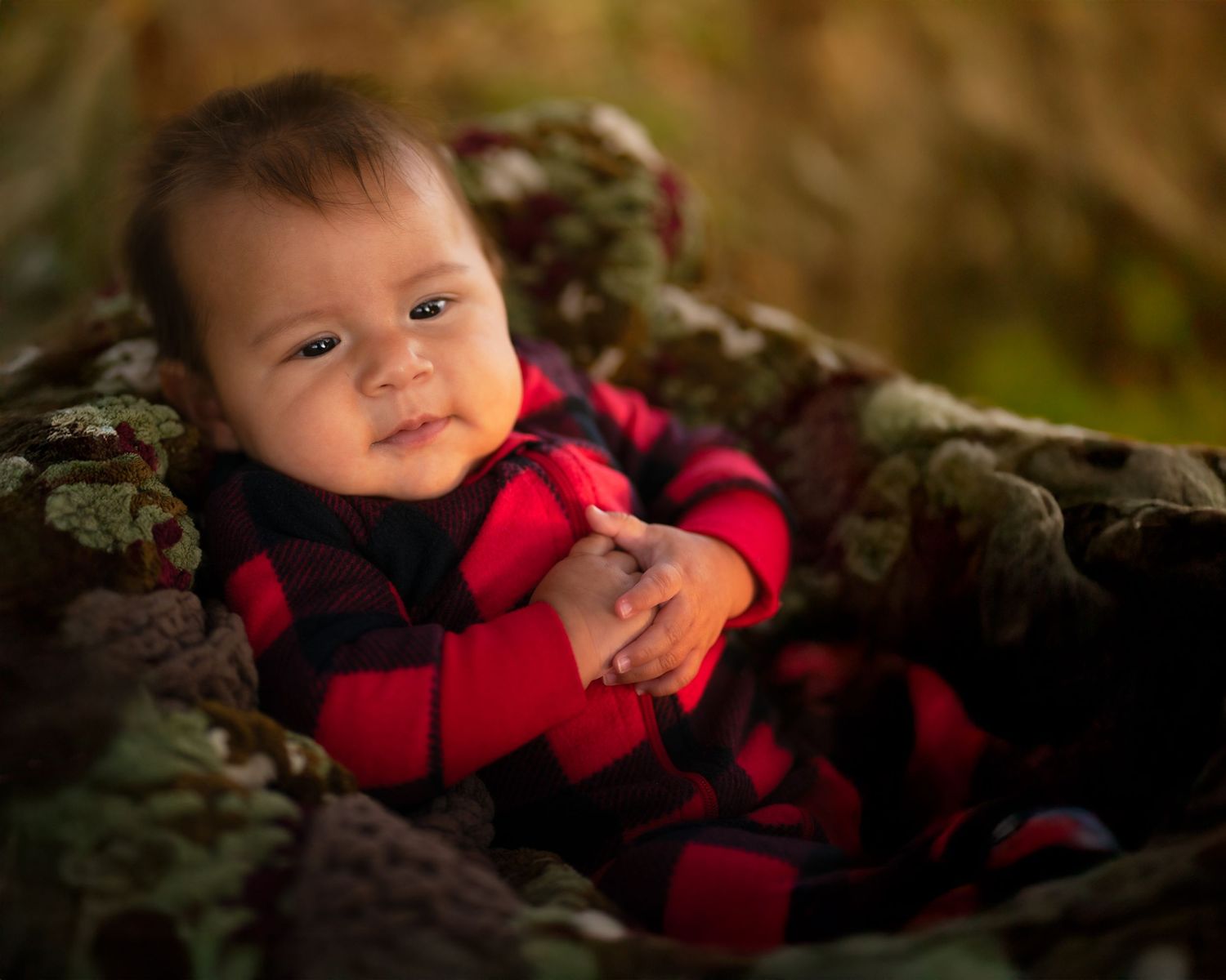 Baby wearing red and black plaid outfit sits nestled in autumn leaves with soft natural lighting.