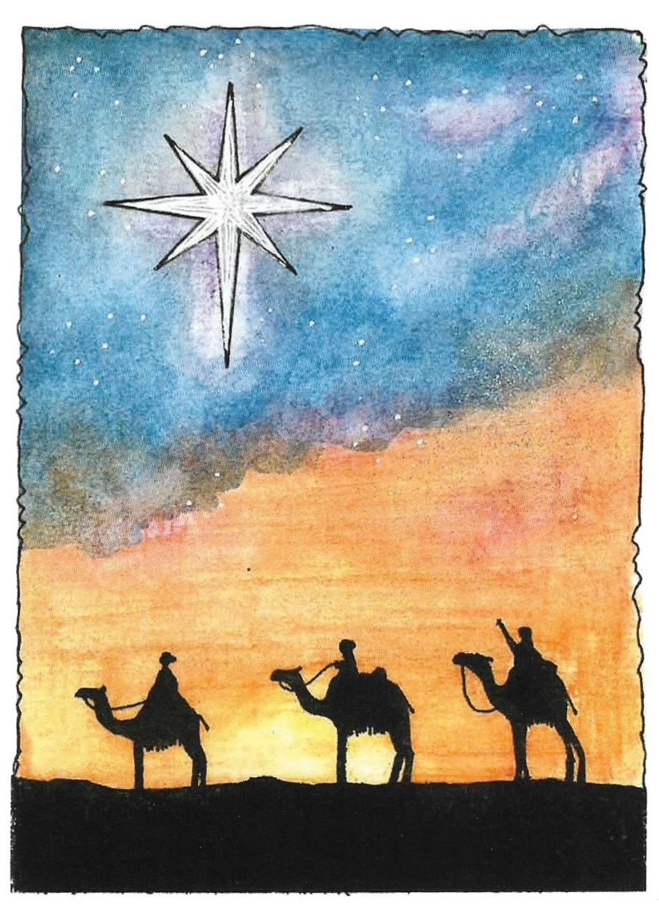 Silhouette of three wise men riding camels against a sunset sky with bright star.