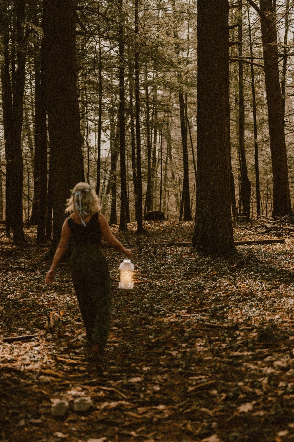 Person walking through autumn forest holding a glowing lantern at dusk.