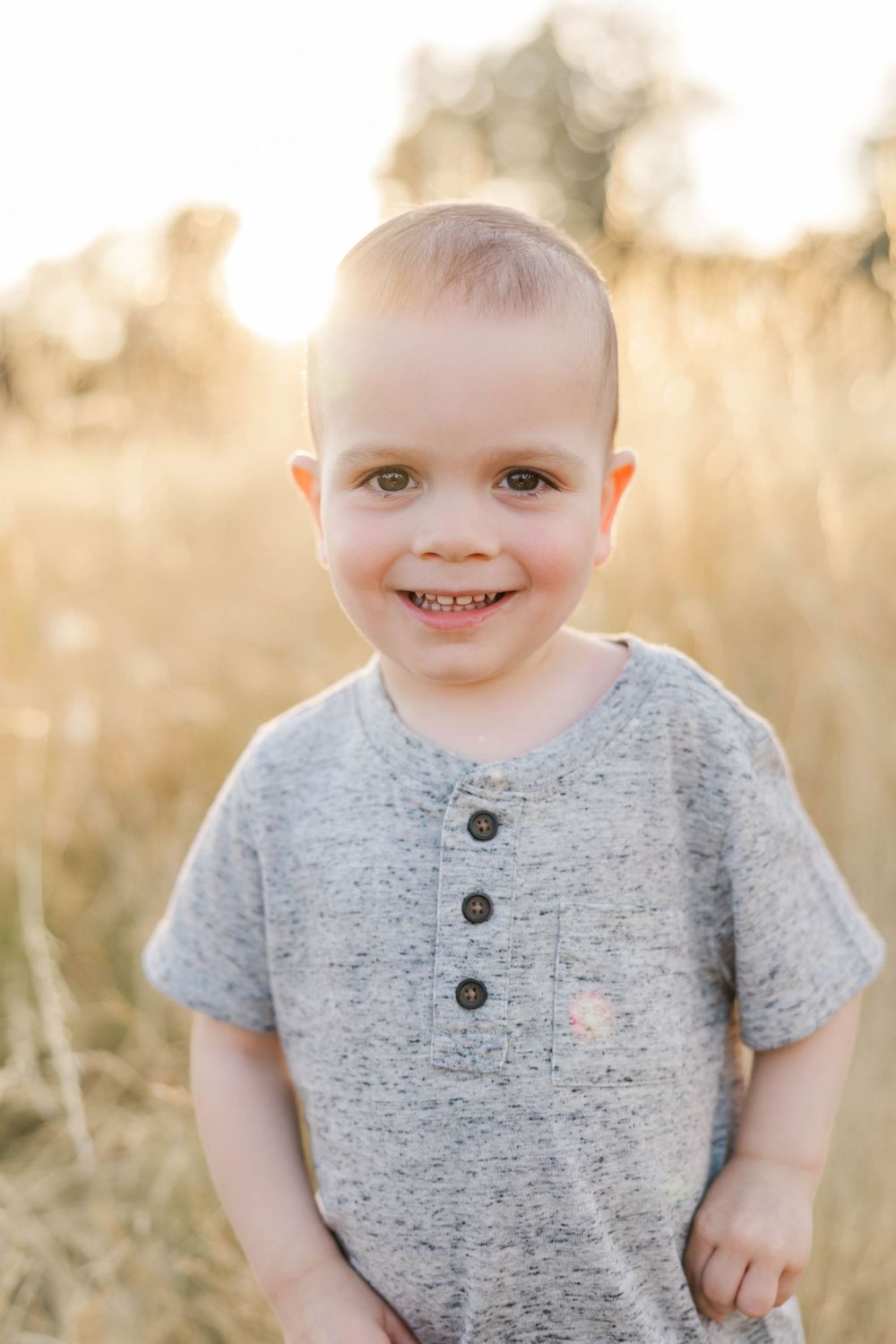 Adorable smiling toddler boy in a gray henley shirt standing in a golden sunlit grass field.
