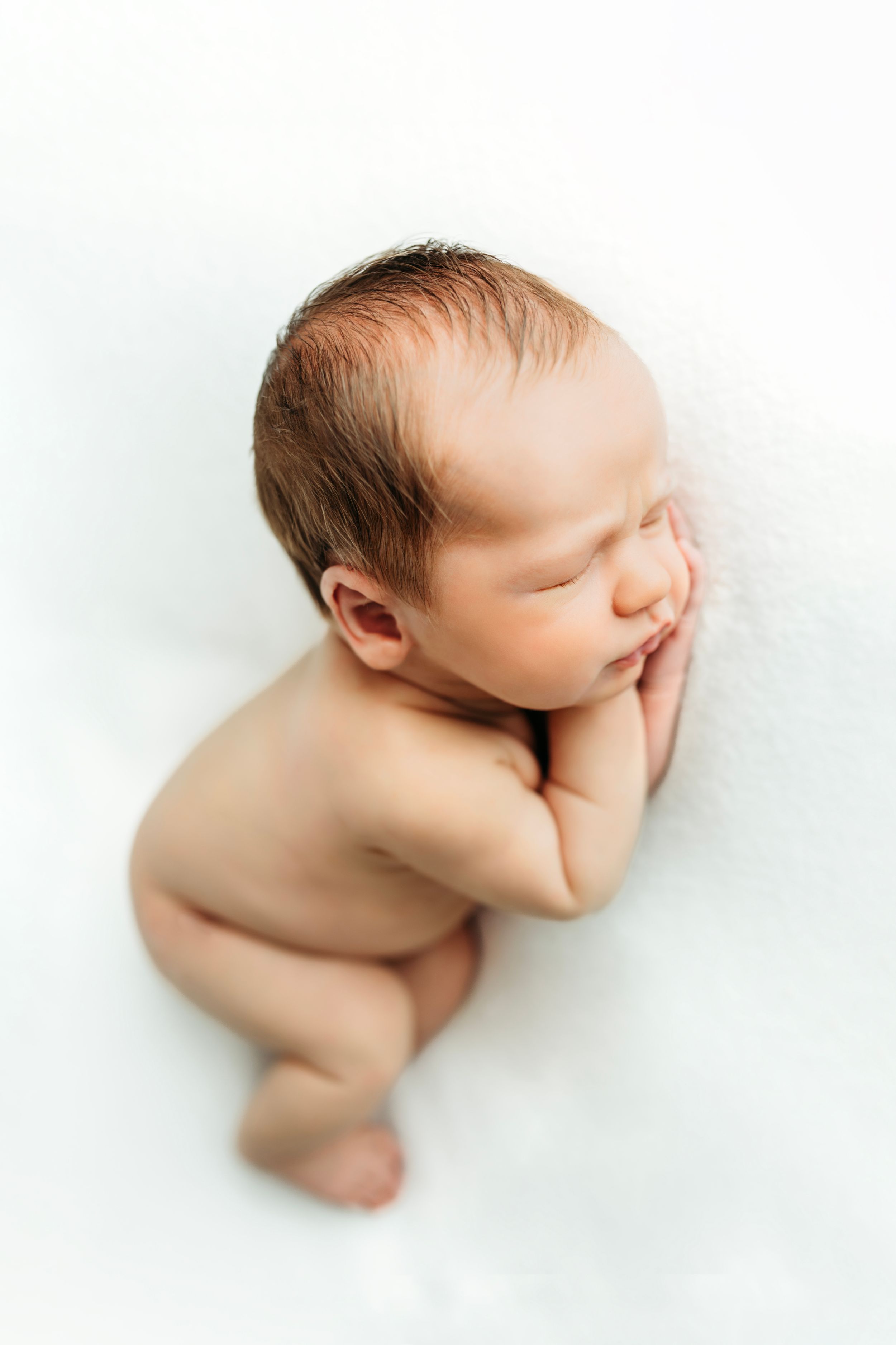 Minimalist white backdrop newborn photography with soft natural posing.