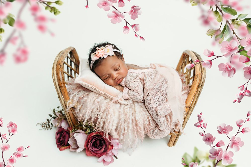 Delicate spring-themed newborn portrait with cherry blossoms and wooden prop basket.