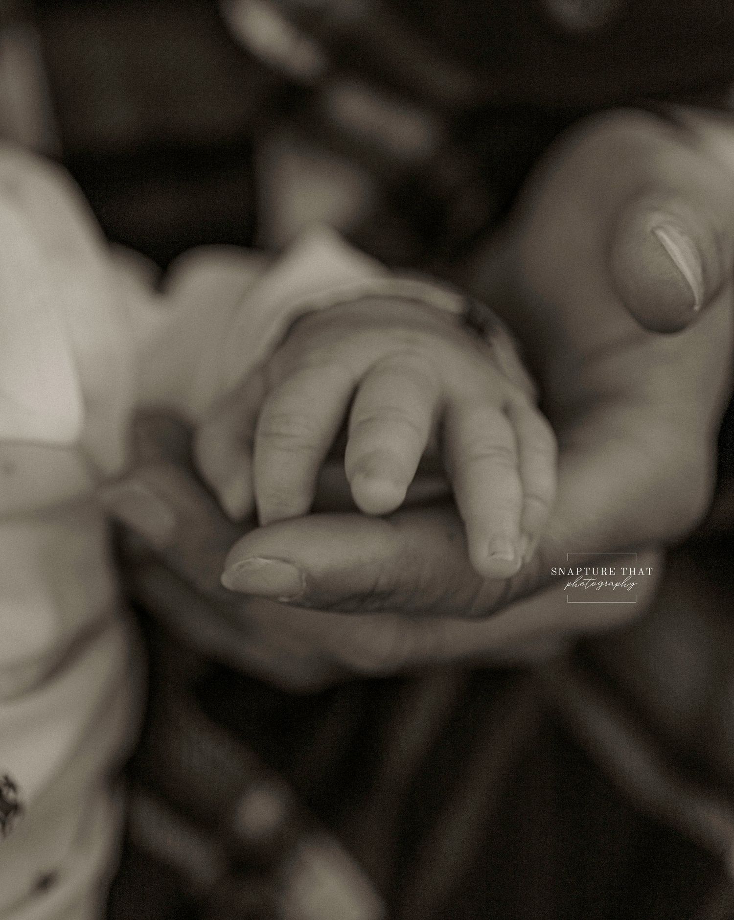 Close-up black and white photo of tiny baby hand resting on adult palm.