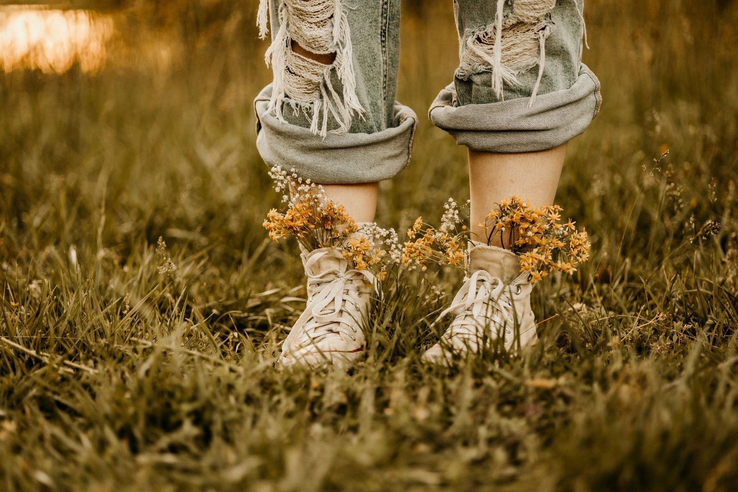 Vintage sneakers against grass with golden wildflowers in soft focus.