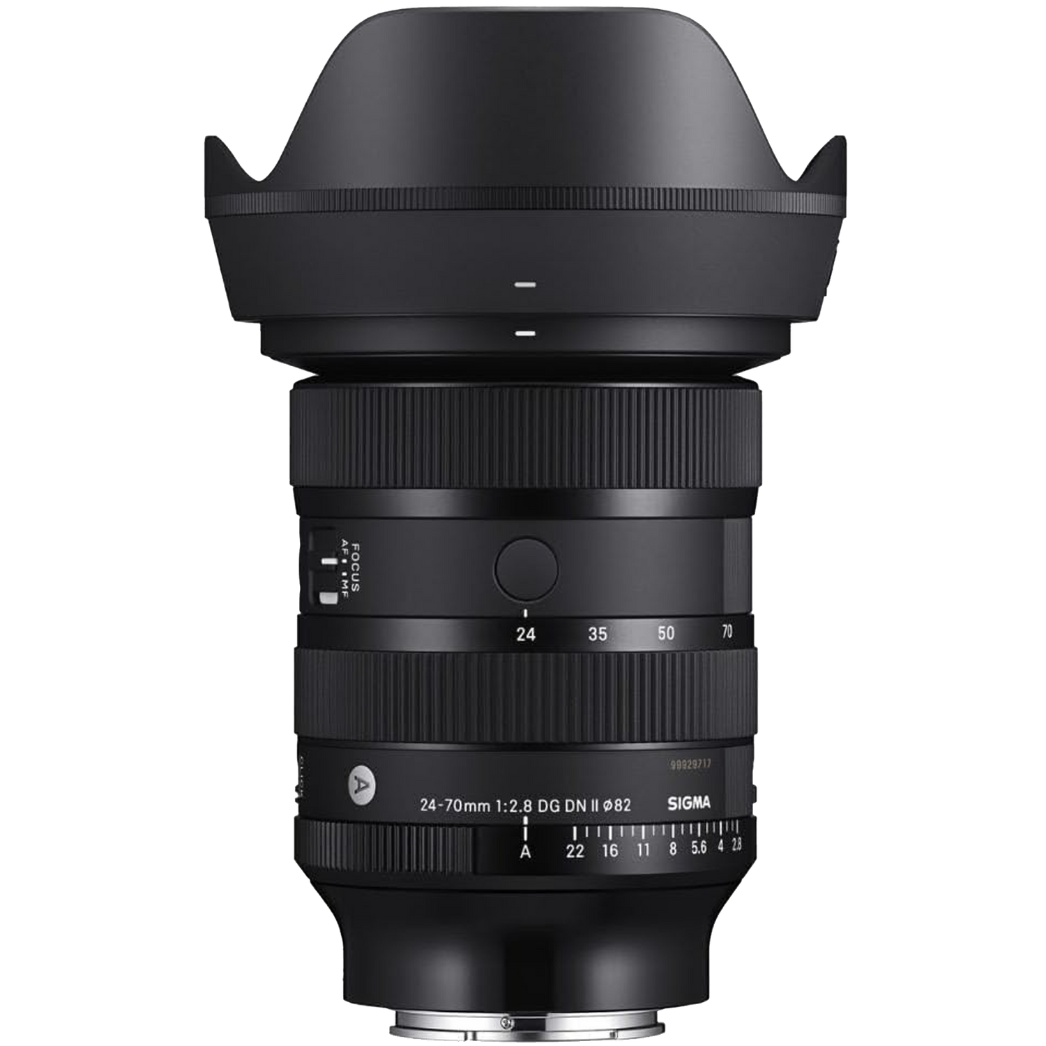 Professional wide-angle zoom lens Sigma 24-70mm f/2.8 DG DN Art with lens hood mounted in black finish.