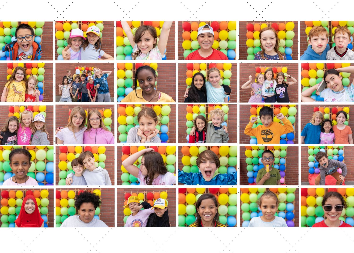 Colorful school portraits of students against vibrant balloon background showing happy expressions.
