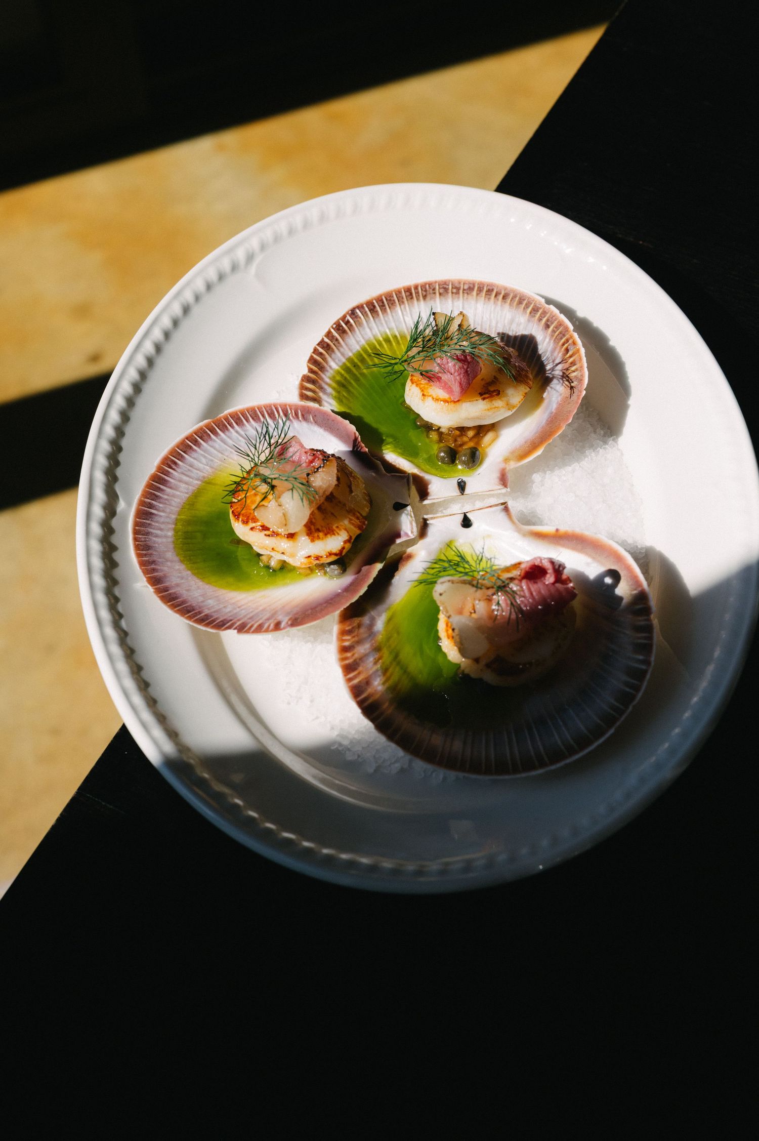 Scallops artfully plated on white dishes with garnish in dramatic lighting, showing progression from left to right.