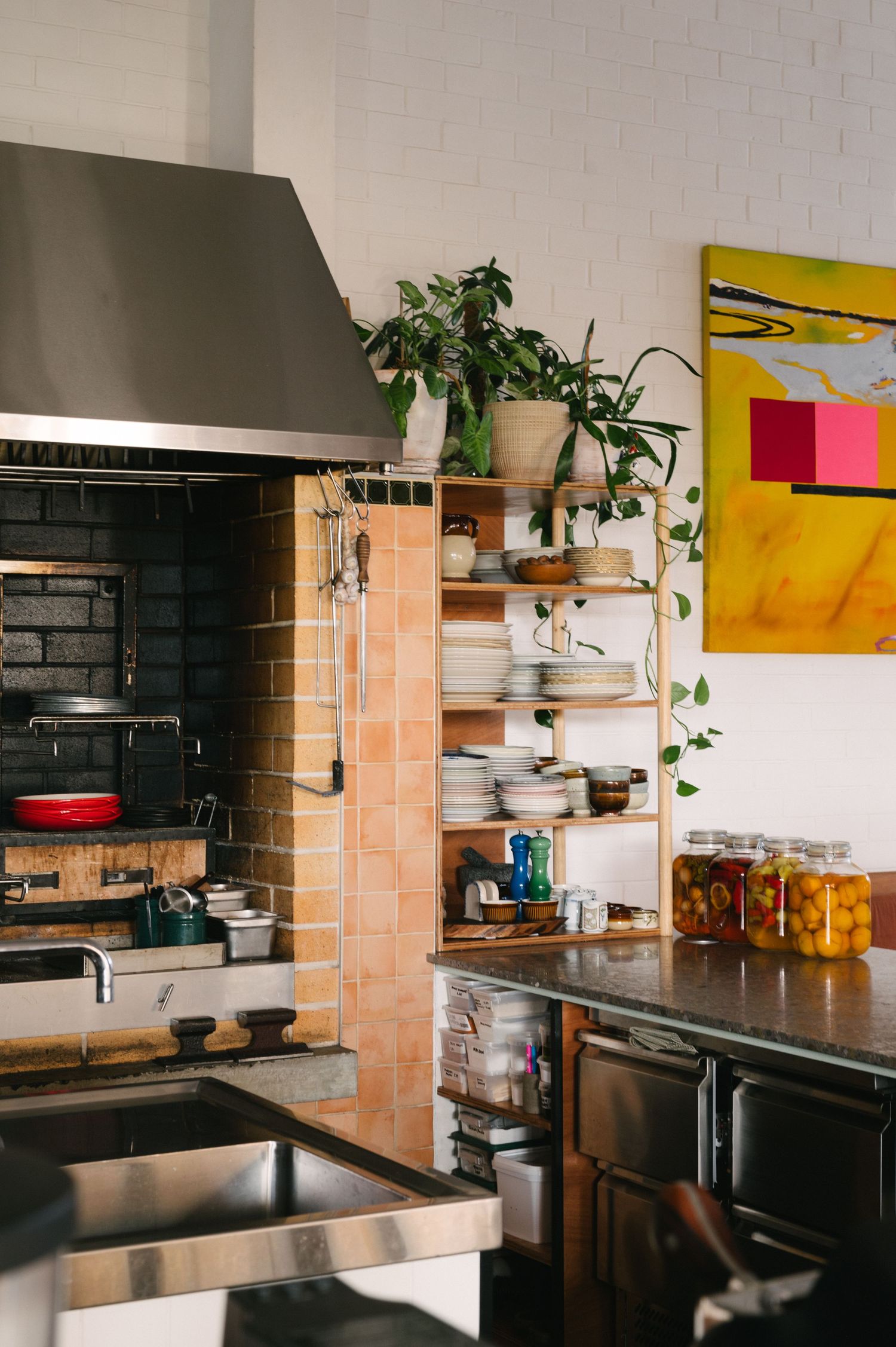 Modern industrial kitchen with stainless steel hood, colorful artwork, and potted plants on shelves.