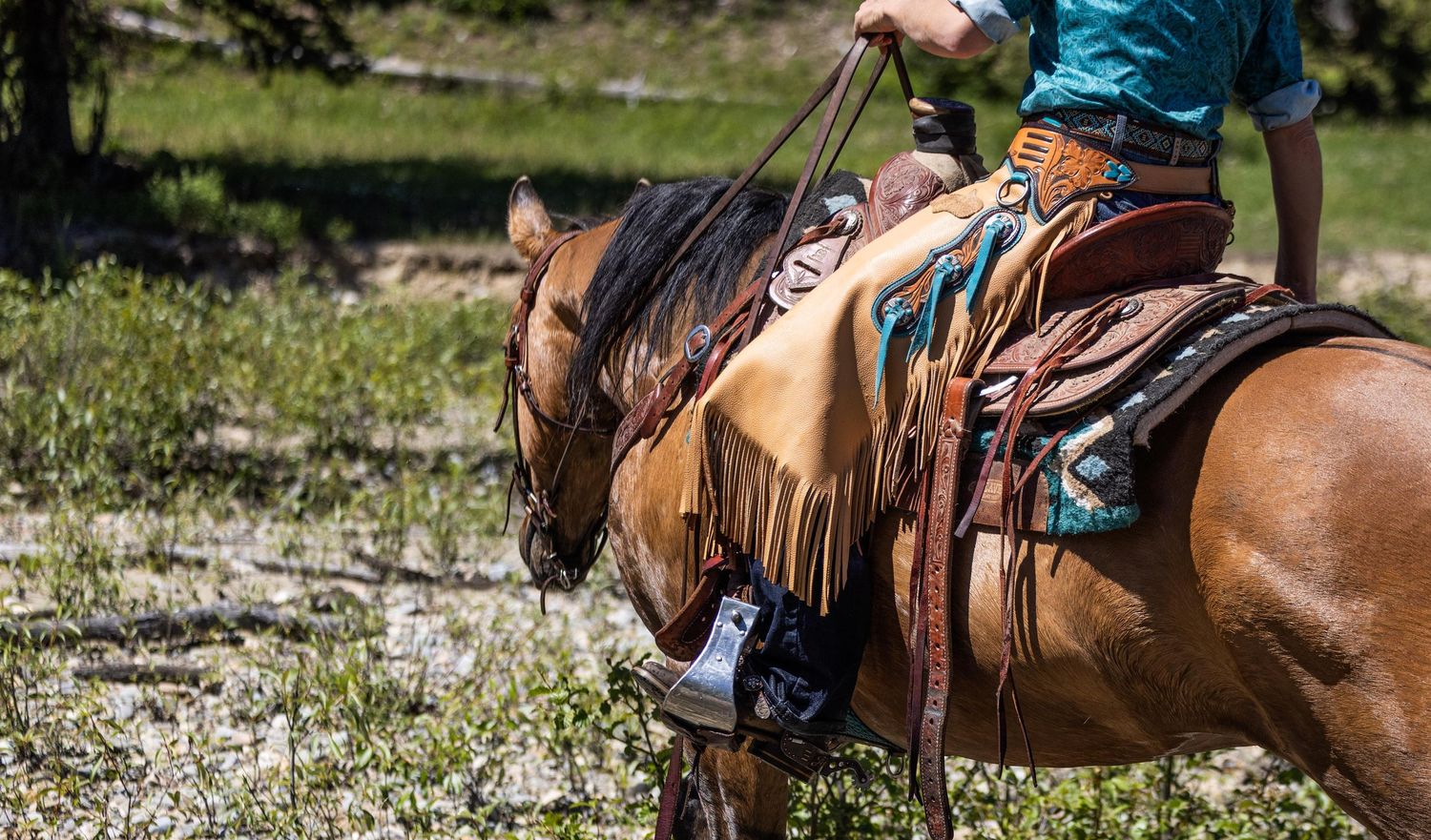 Close-up view of a western saddle with leather fringe and rider wearing turquoise shirt while horseback riding outdoors.