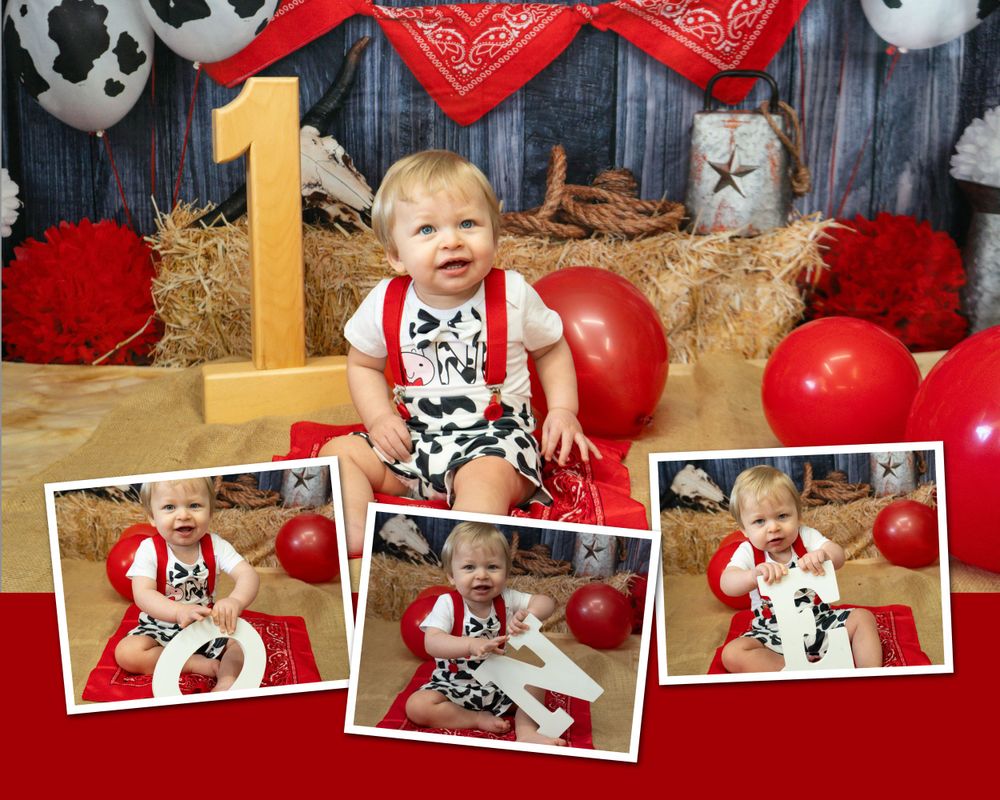 A first birthday photoshoot with rustic farmhouse decor, red balloons, and multiple photo frames displayed.