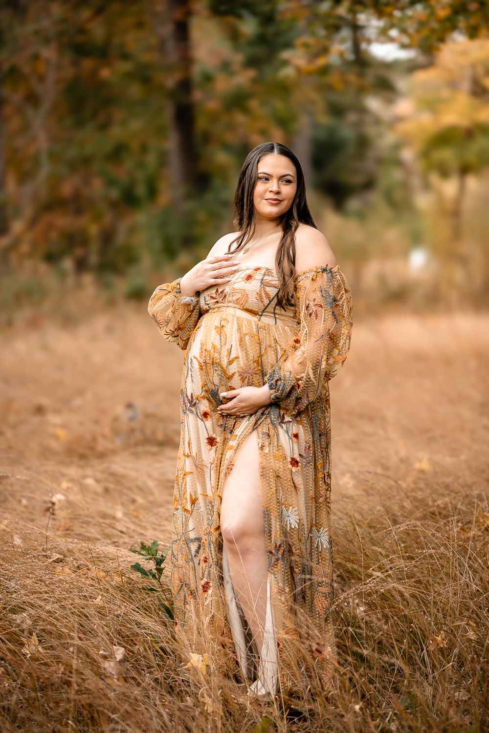 A person in a flowing gold floral dress poses gracefully in a rustic autumn field during a maternity photoshoot.