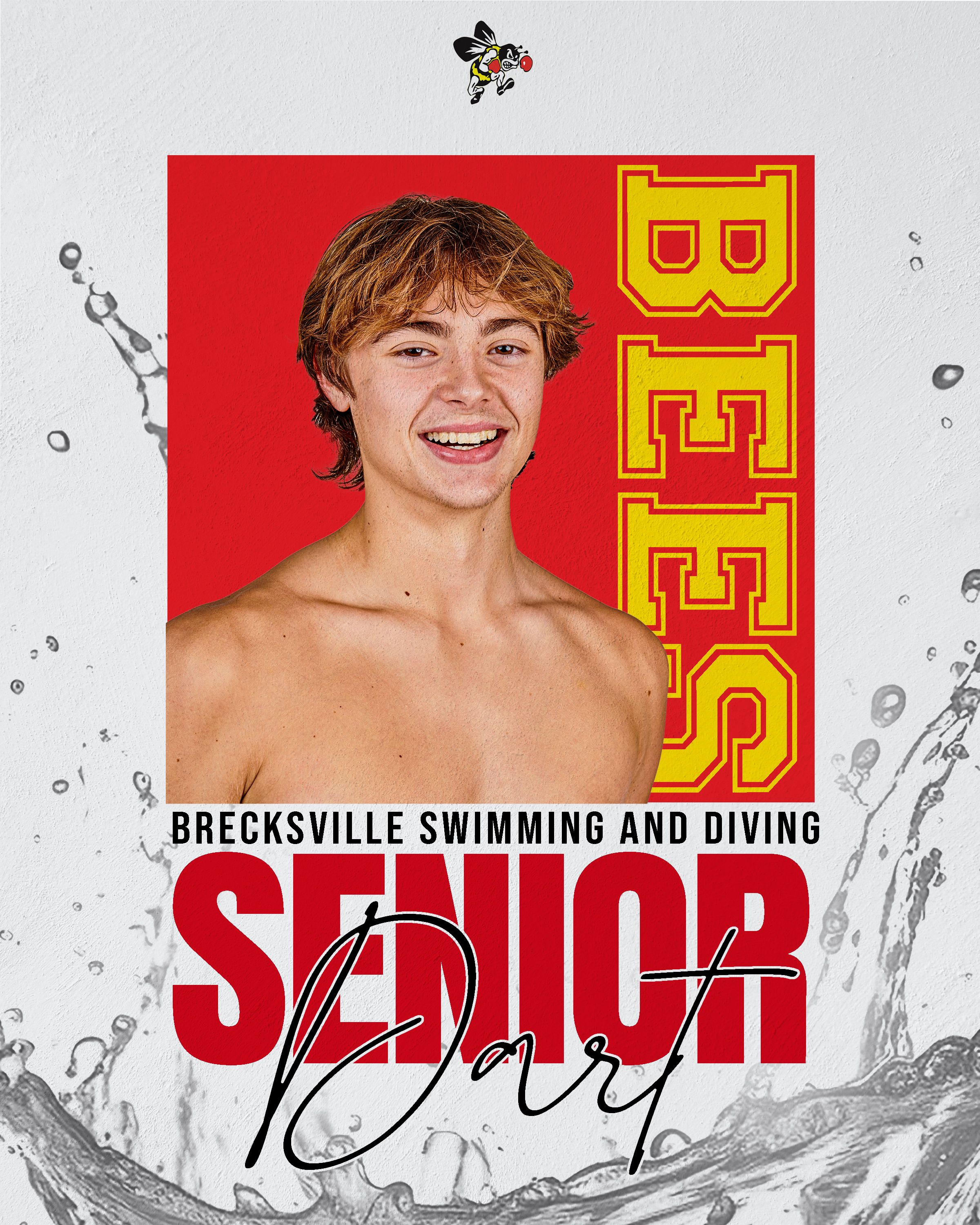 Brecksville Swimming and Diving senior portrait with red background and water splash effects.