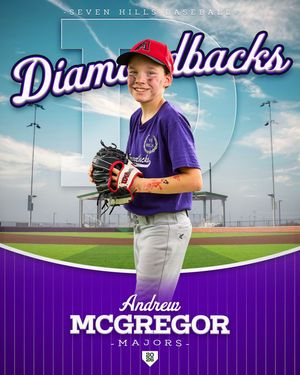Young baseball player Andrew McGregor poses in purple Diamondbacks uniform with glove at Seven Hills Baseball Majors.
