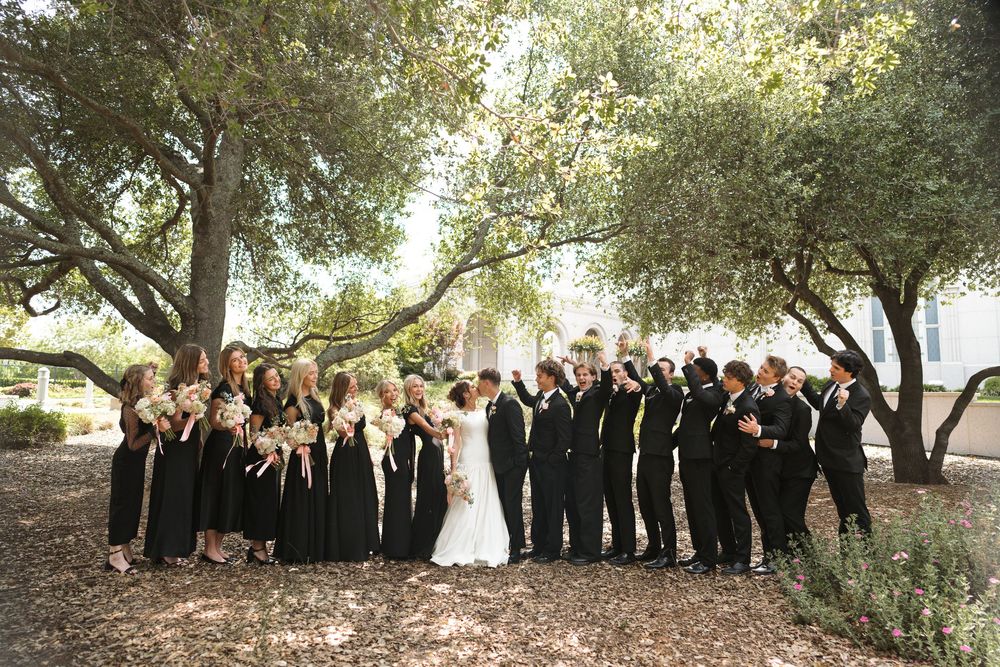 Wedding party members stand between trees at an outdoor celebration in formal attire.