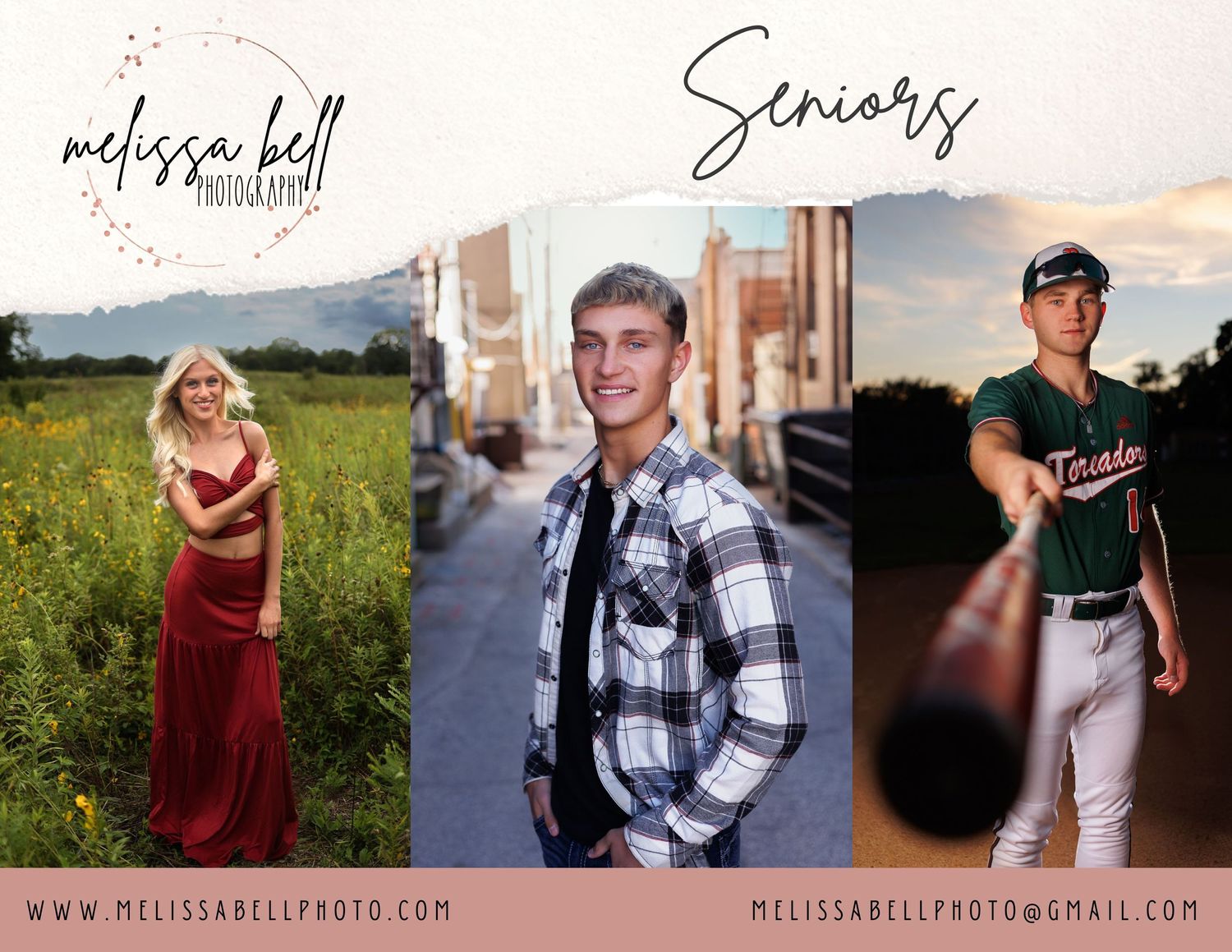 Photography pricing guide showing three sample portrait images for senior photo sessions.