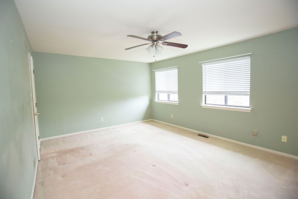 Spacious empty bedroom with sage green walls, carpet, ceiling fan, and two windows.