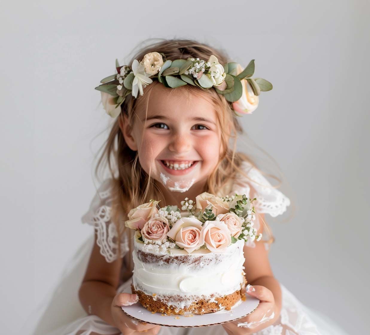 A portrait wearing a flower crown and white dress while holding a floral-decorated cake.