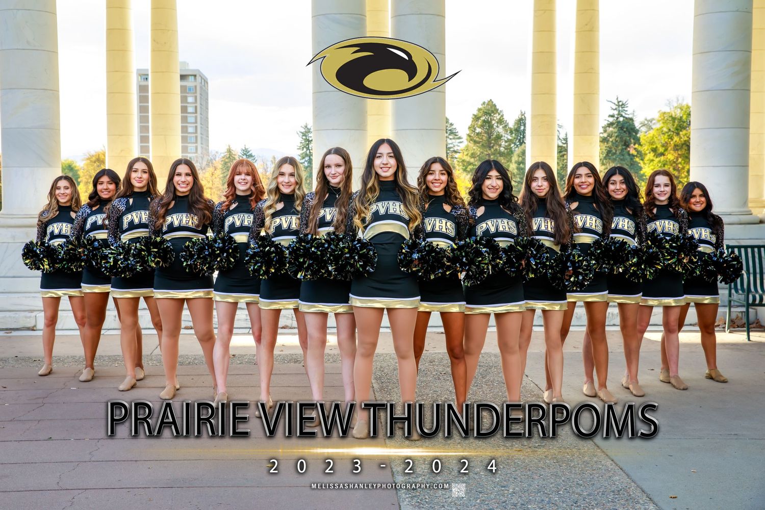 Prairie View Thunderpoms dance team poses in black uniforms on stone steps with columns in the background.