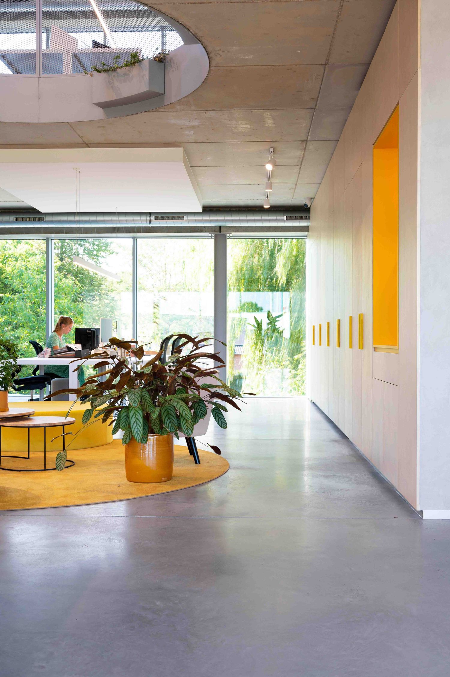 Open concept office space with concrete floors, yellow accents, and abundant natural lighting.