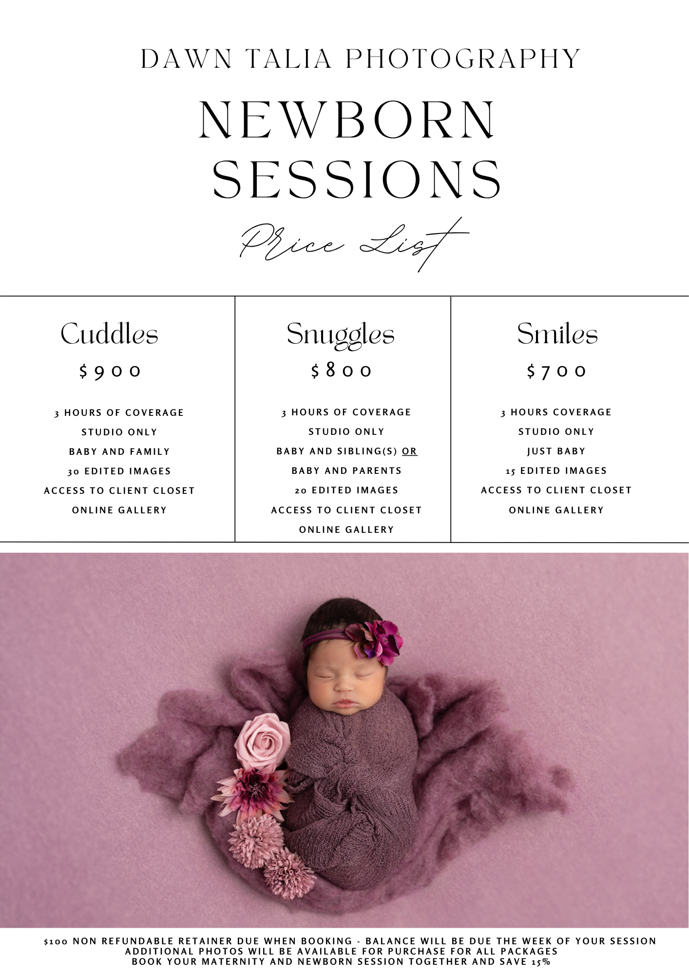 Pricing guide for newborn photography sessions showing three tiers of packages on pink background with floral details.
