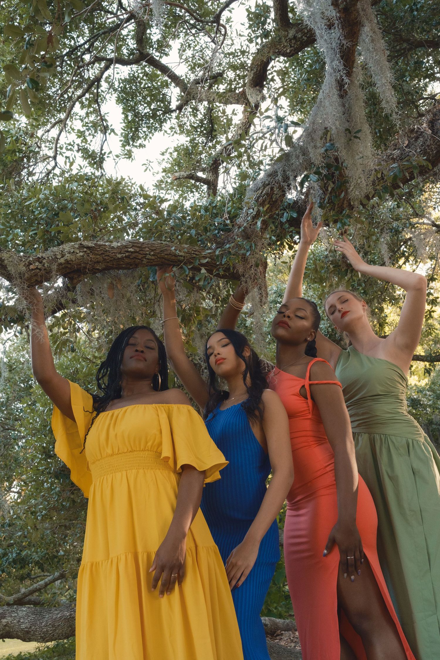 Group of women gathered beneath sprawling Charleston oak trees, surrounded by nature and dappled sunlight