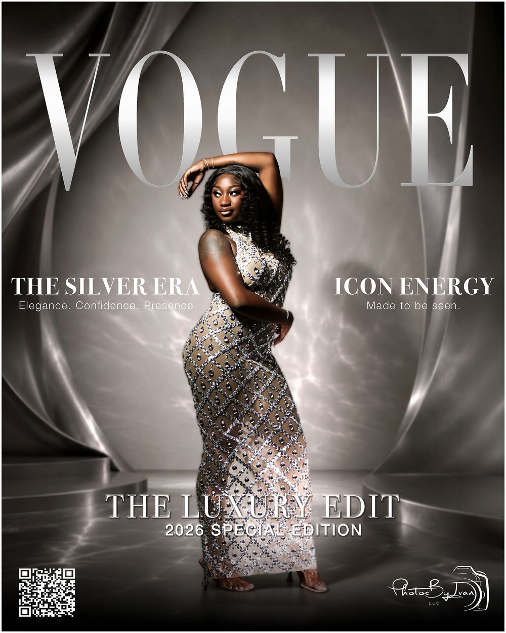 Woman in sequined gown poses on Vogue Luxury Edit 2026 Special Edition silver-themed magazine cover.