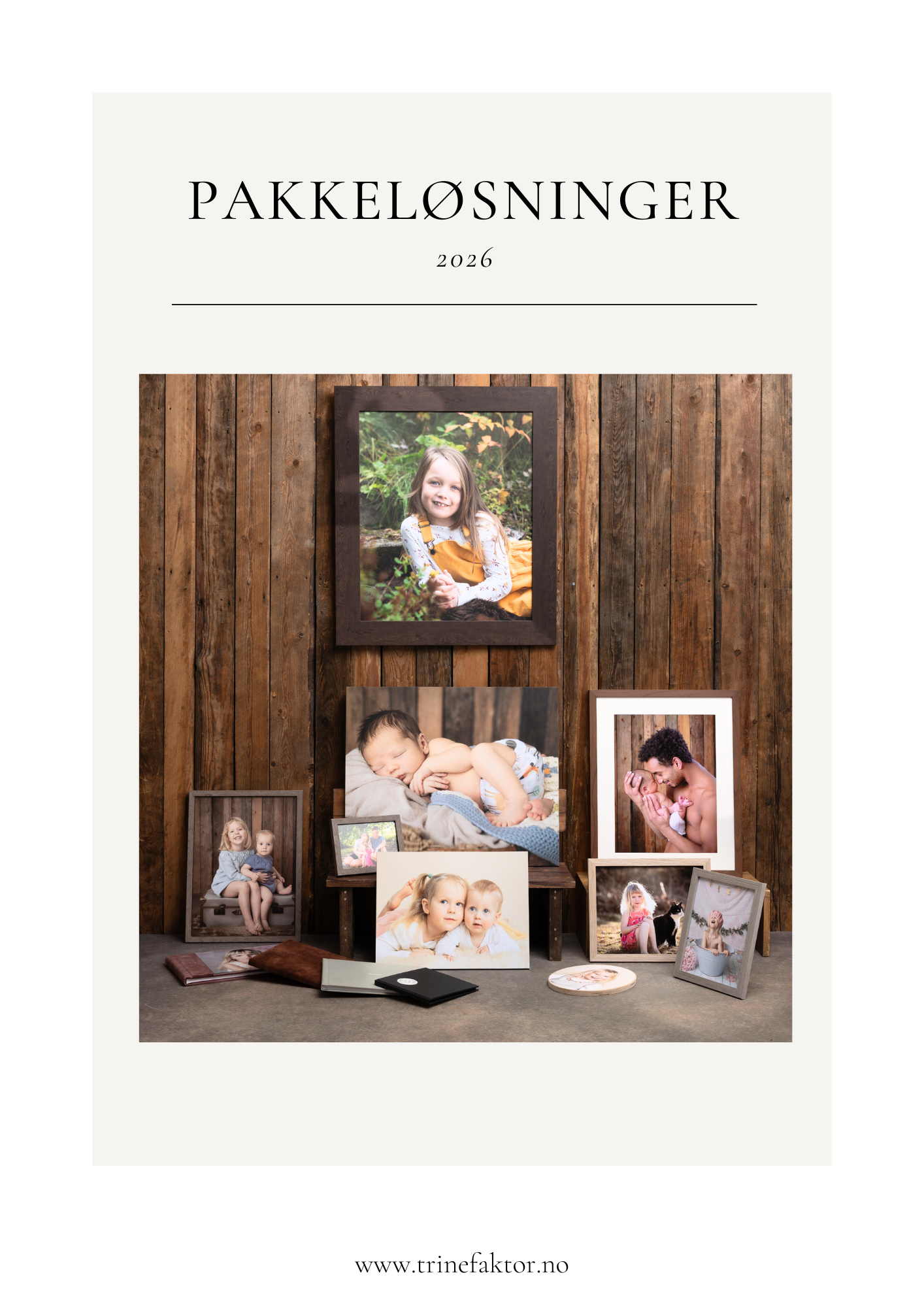 Photo gallery wall display showing multiple framed portraits against rustic wooden planks in warm lighting.