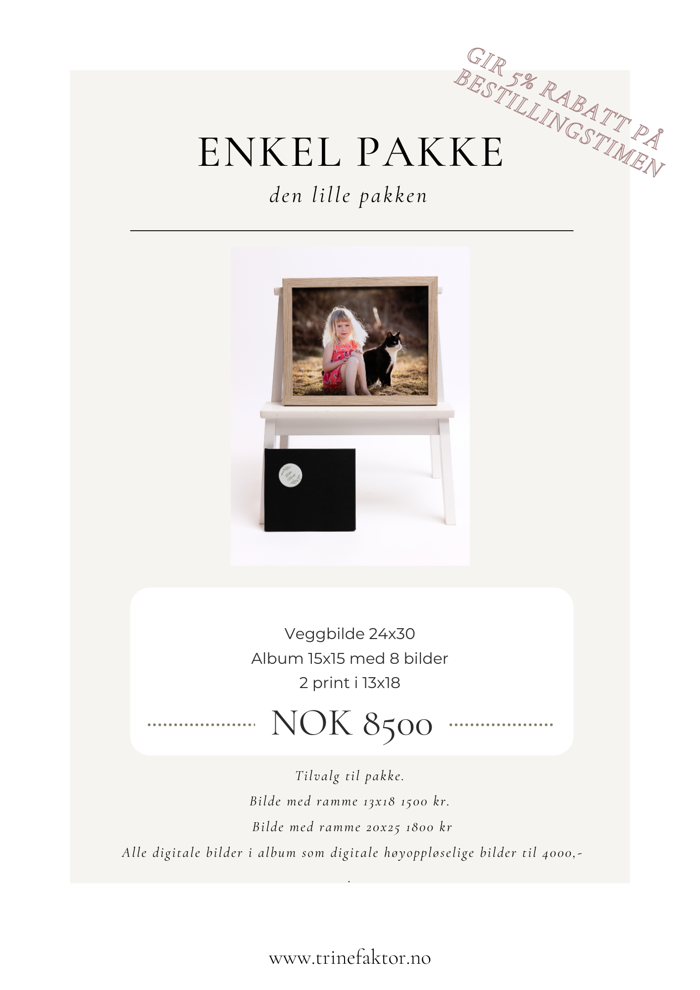 Minimalist white business card or invitation design with black text and small photo insert showing elegant presentation.