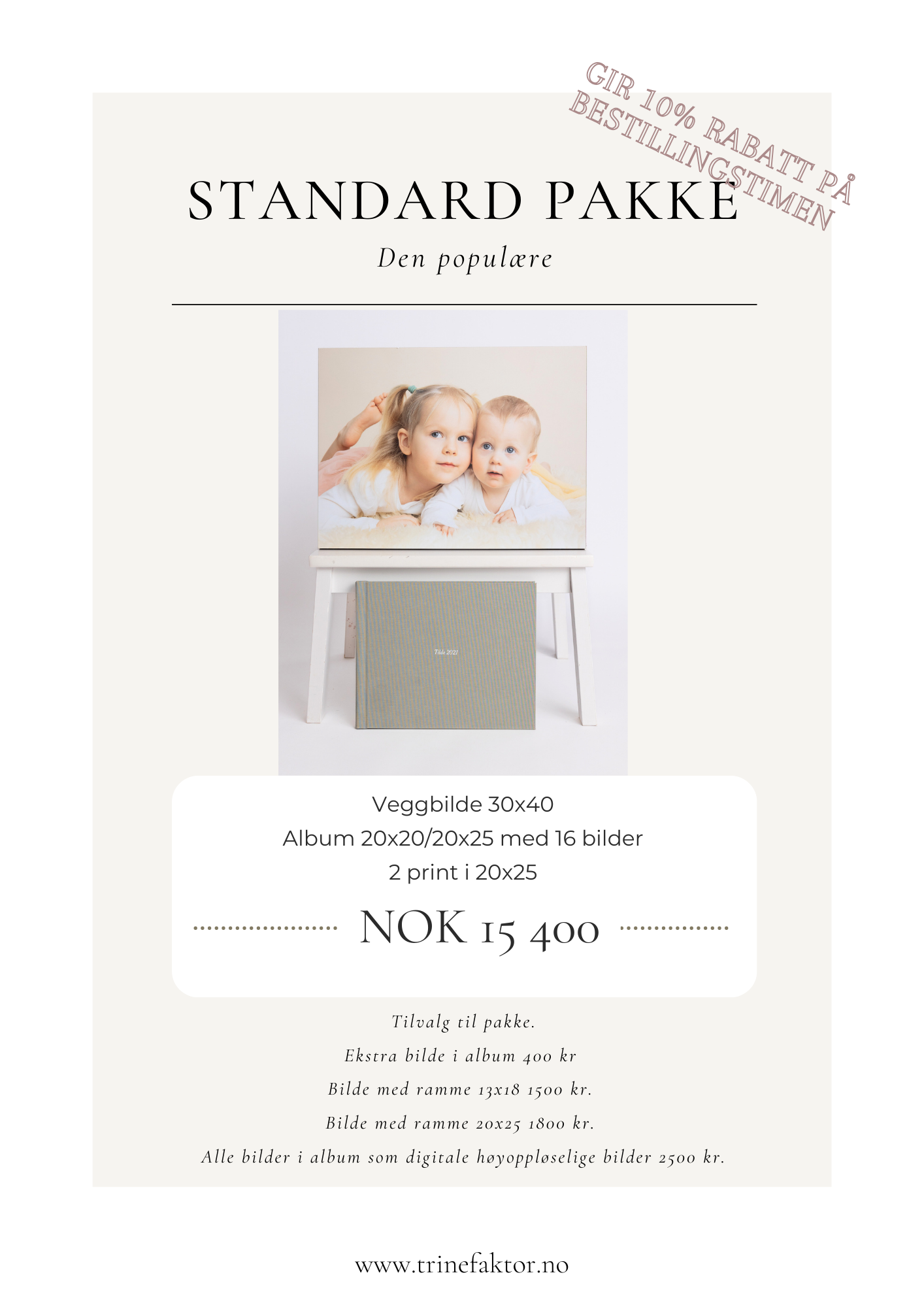 Minimalist photography pricing package template design with soft gray and white color scheme for studio services.