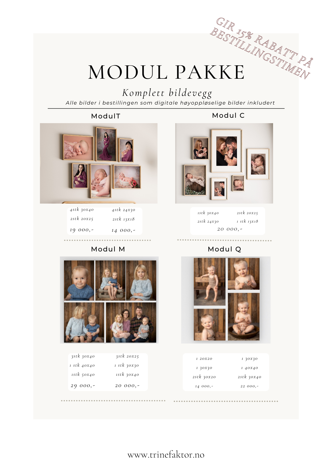Photography studio module package display showing various portrait layouts and photo arrangements for professional services.