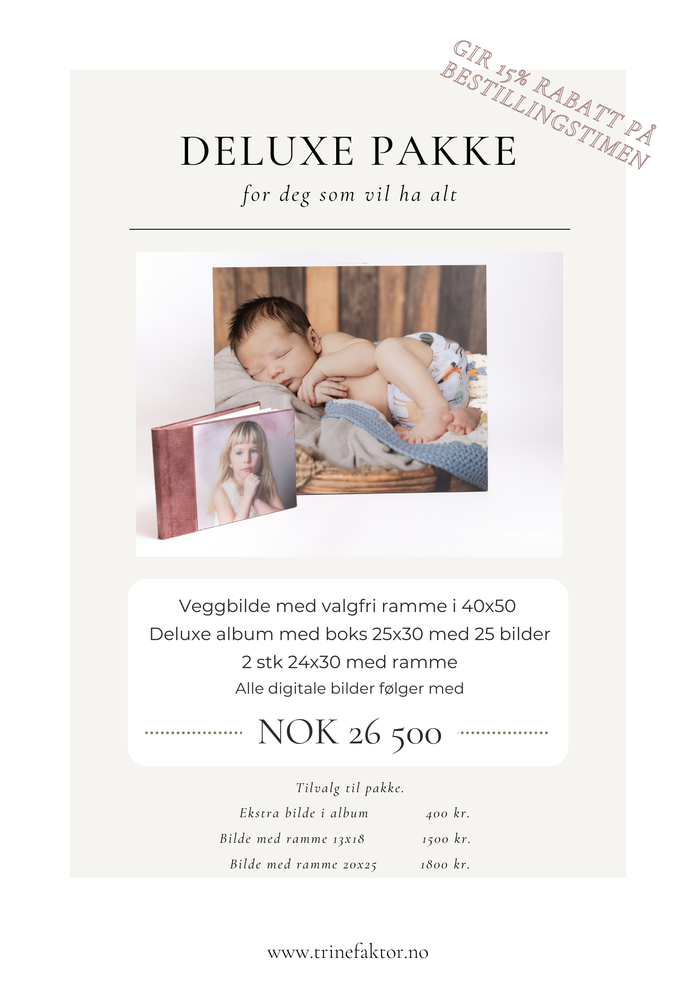 Photography studio advertisement showing deluxe package pricing and sample photos with white text on light background.