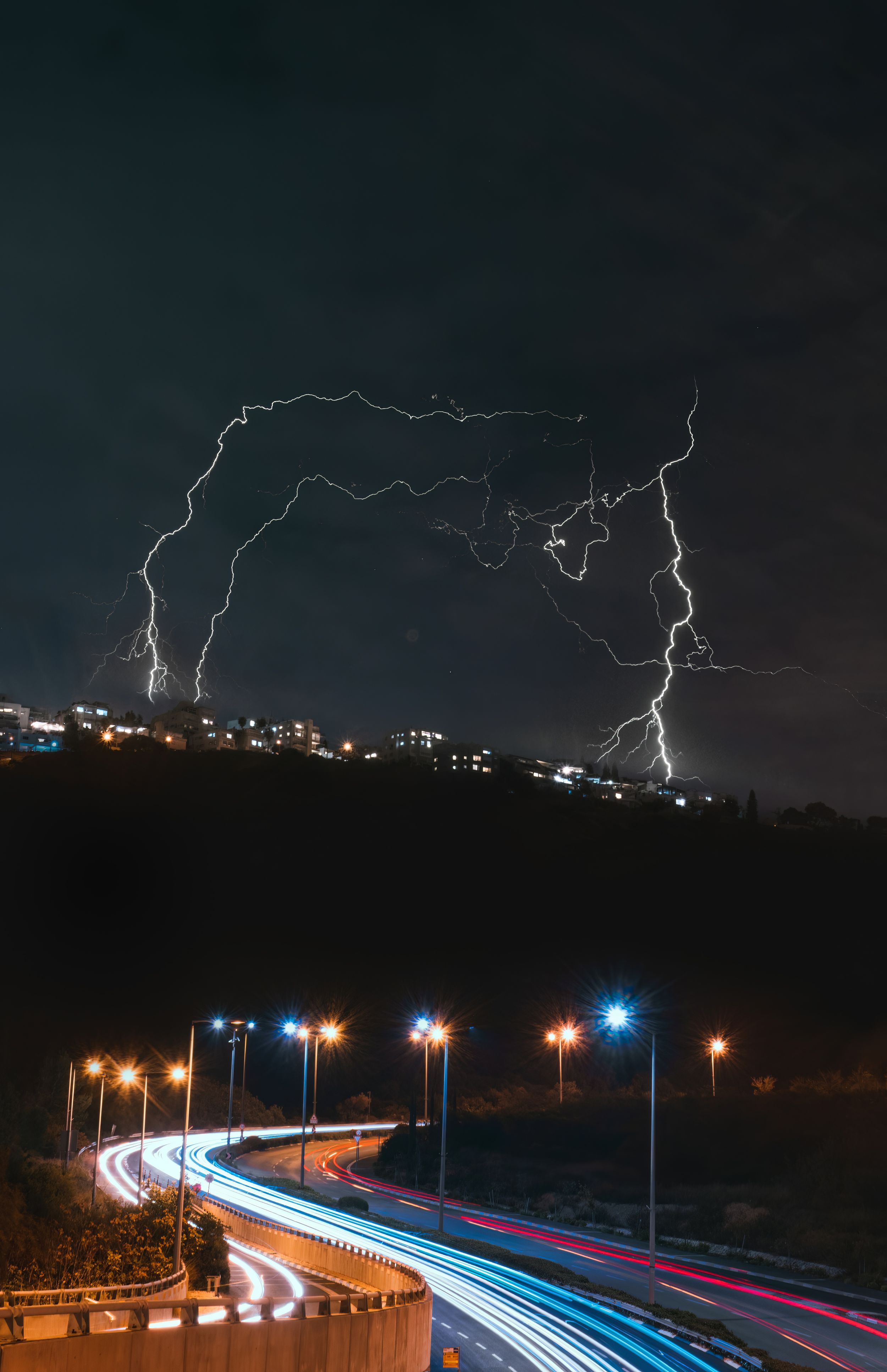 Lightning with Car Light Trails