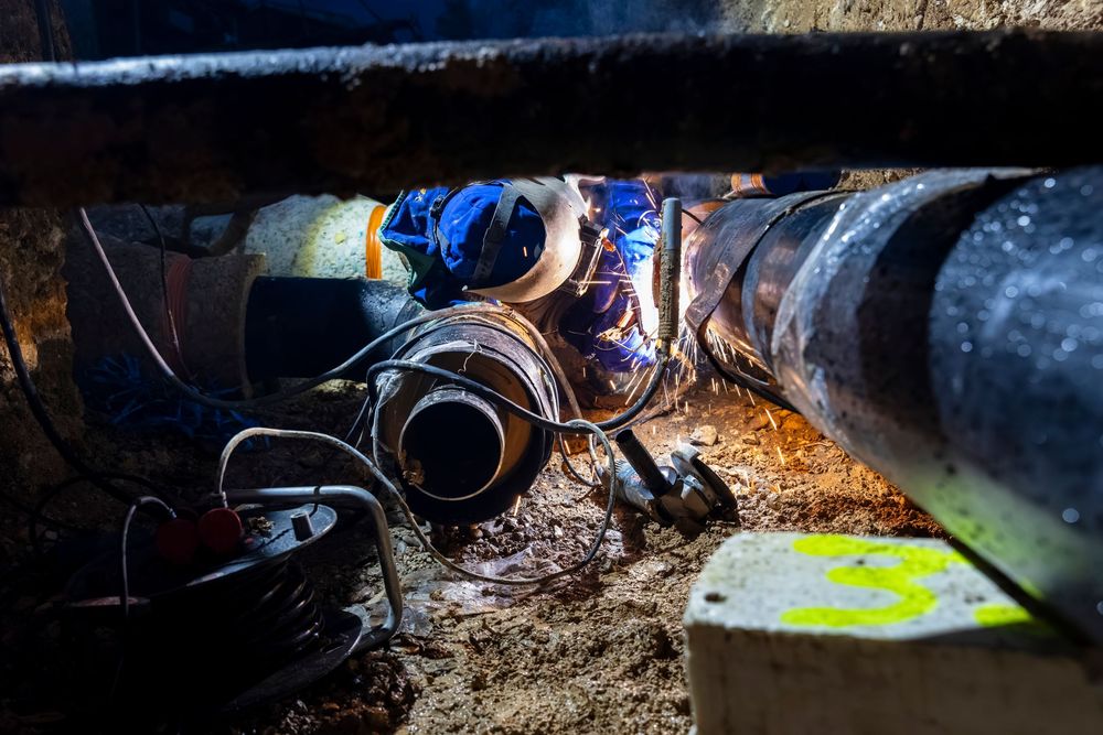 Underground construction workers examine dark tunnel infrastructure with flashlights and safety equipment.