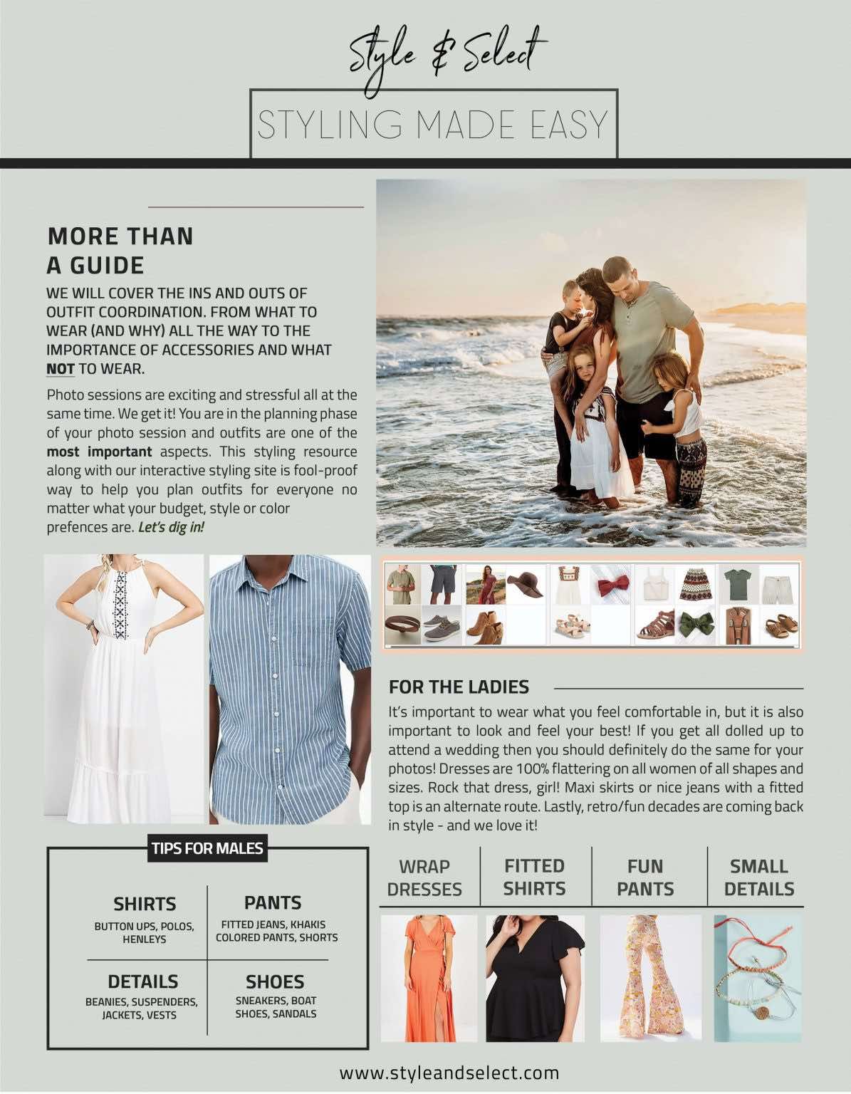 Style guide showing clothing options and photo examples for beach photography sessions.