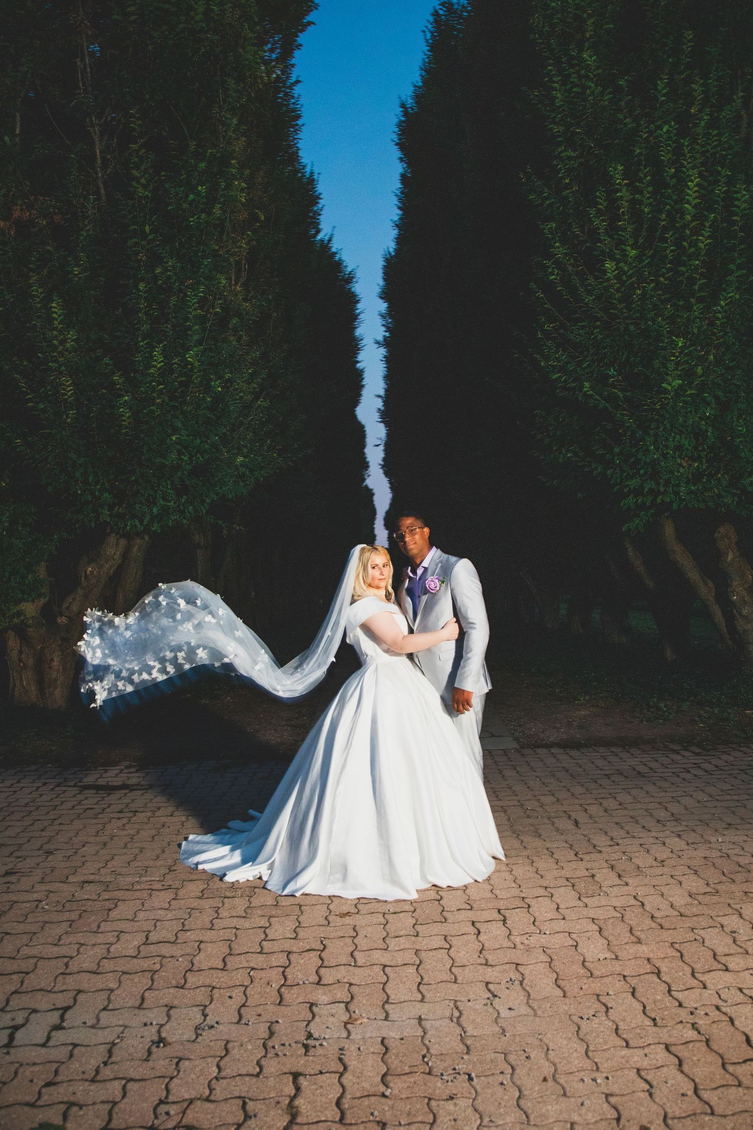 A couple in wedding attire pose between tall hedges on a brick pathway with flowing veil.