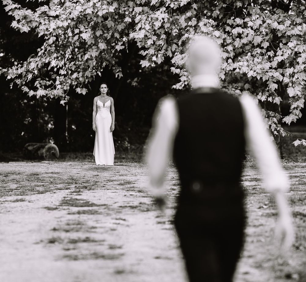 A series of black and white photos showing a person in a white dress standing among blossoming cherry trees.