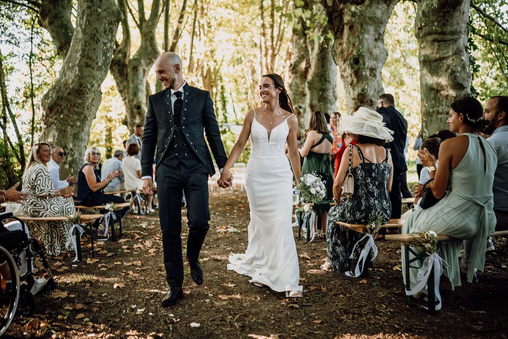 A series of candid wedding photos showing guests and newlyweds gathered in a sunlit wooded outdoor setting.