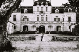 Historic black and white photographs showing the evolution of a French manor house over time.