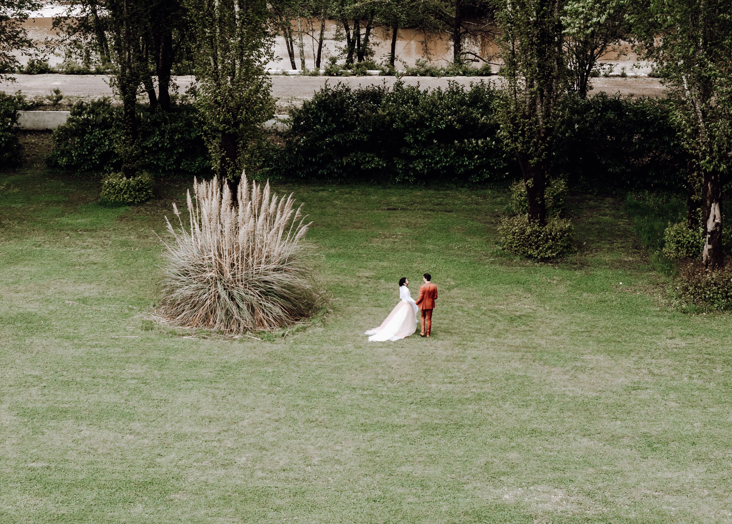 Aerial view of newlyweds walking through a garden with ornamental grasses. photographe mariage Bordeaux, Gironde
