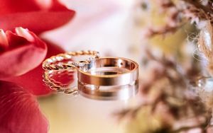 Wedding rings photographed with red flower petals in soft focus. photographe de mariage Bordeaux, Gironde