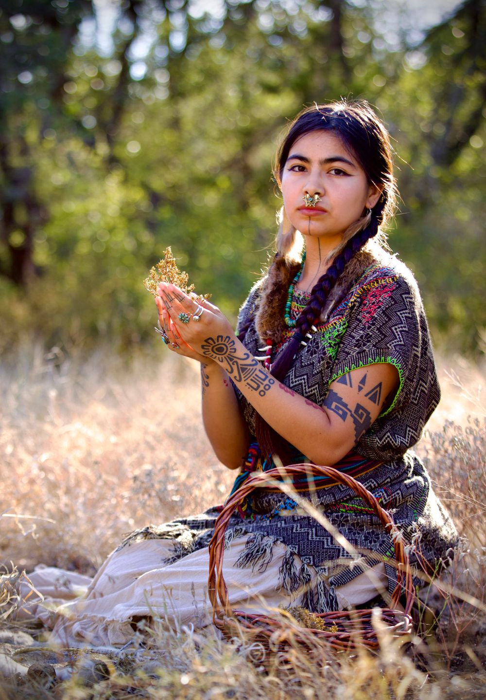 A serene portrait of someone holding dried flowers while sitting in a sun-lit meadow.