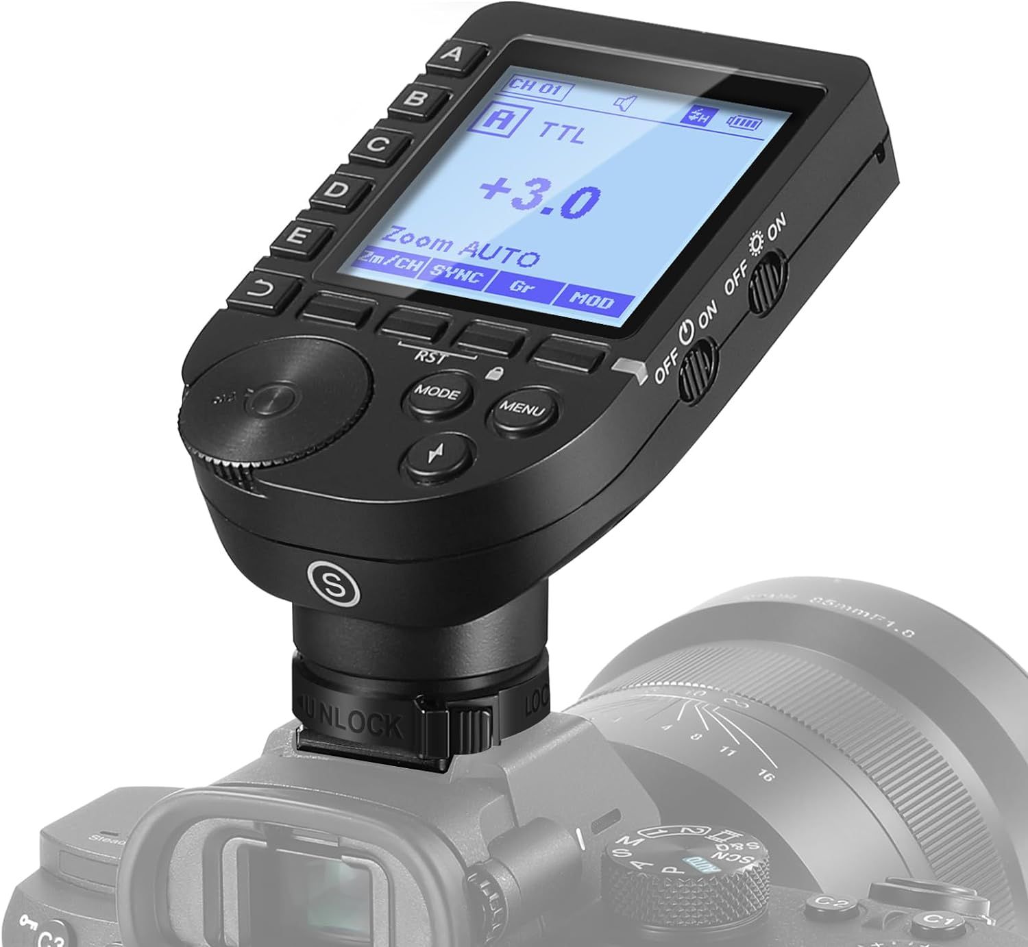 A Flashpoint R2 Pro Mark II camera transmitter with LCD screen mounted on a DSLR hot shoe.