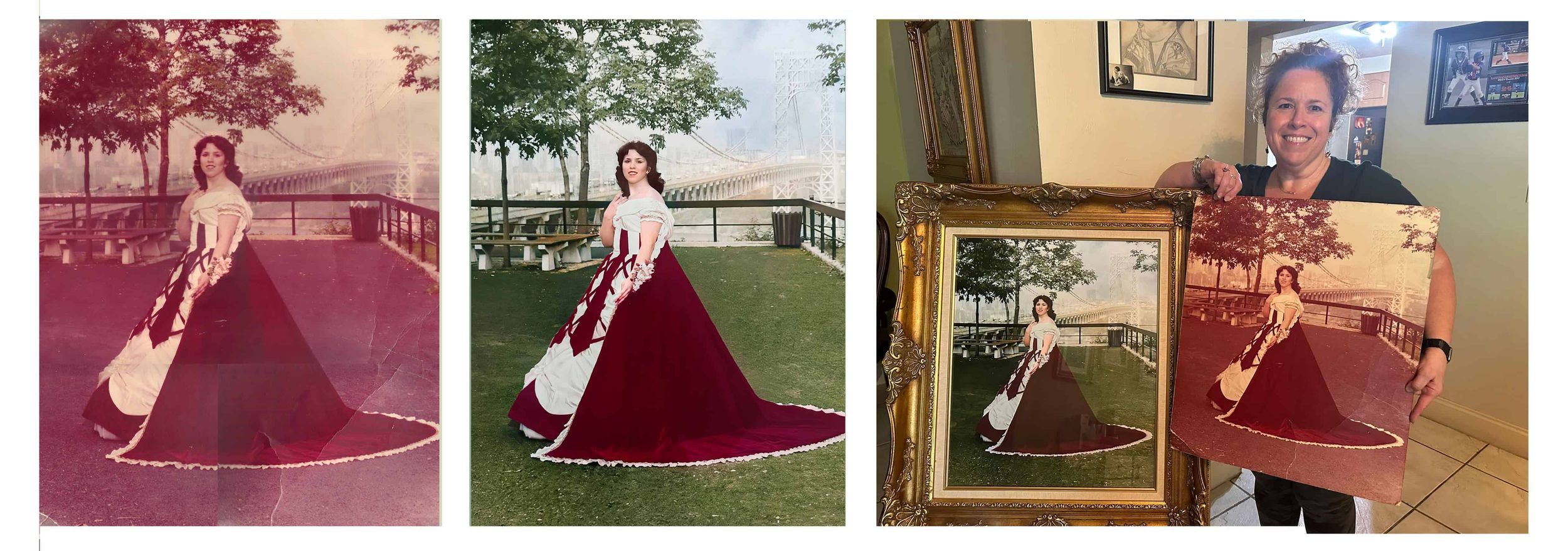 Client holding before and after photo restoration showing damaged and restored family photograph in Miami