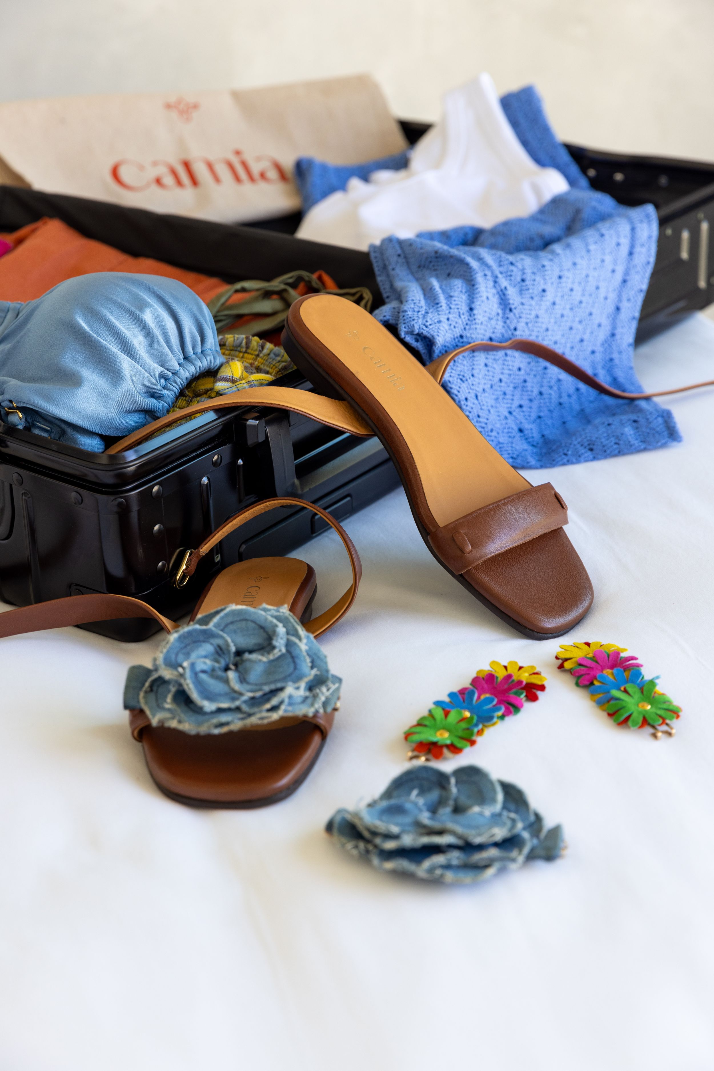 Travel accessories and colorful floral sandals arranged with luggage and clothing items.