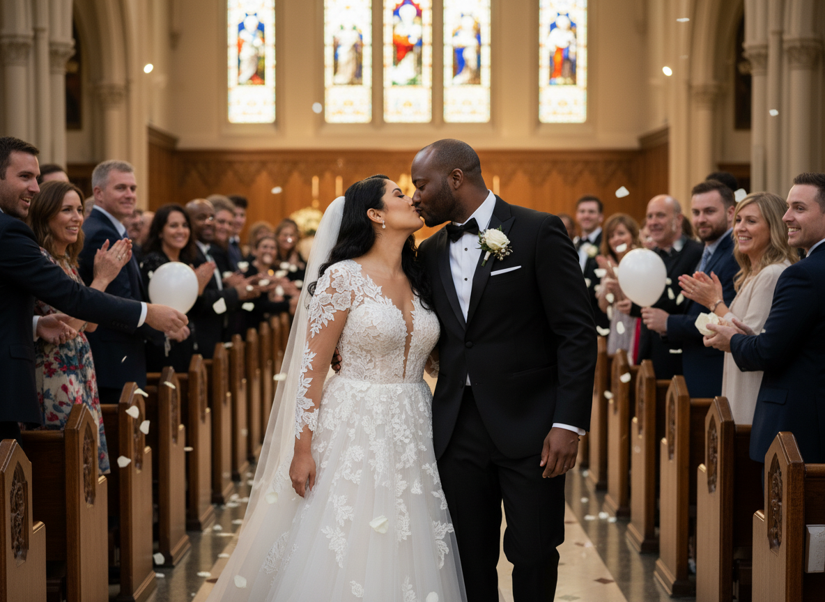Wedding ceremony in progress inside a traditional church with stained glass windows.