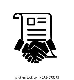 Black silhouette icon of handshake with contract document.