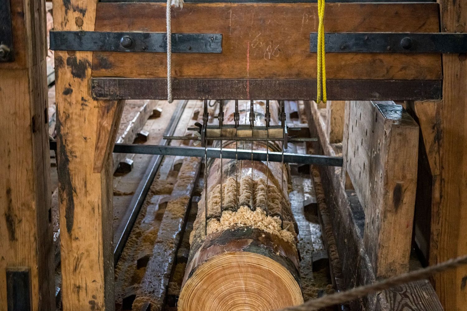 Large wooden log being processed through industrial milling equipment.