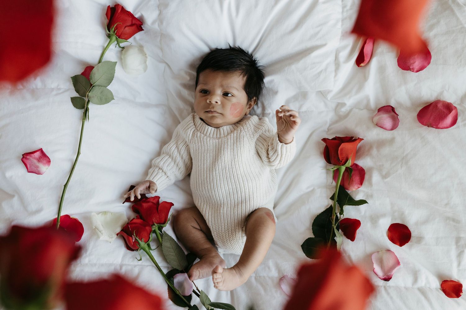Baby in white knit outfit lying on white bedding surrounded by red rose petals.