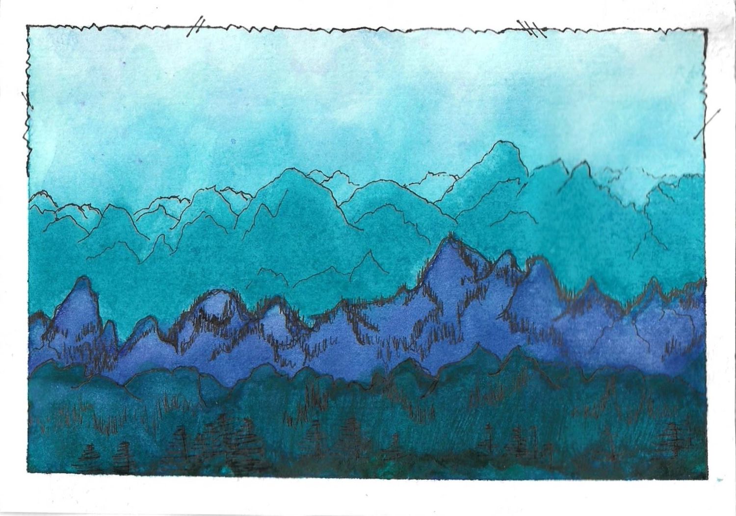 Abstract watercolor mountains in deep blues and turquoise creating a layered landscape effect.