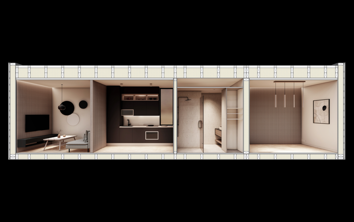 3D architectural section rendering showing interior spaces of a modern minimalist structure with white walls.